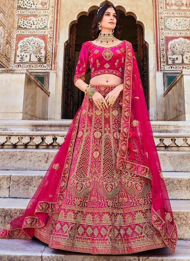 Velvet Hot Pink Bridal Wear Embroidery Work Lehenga Choli